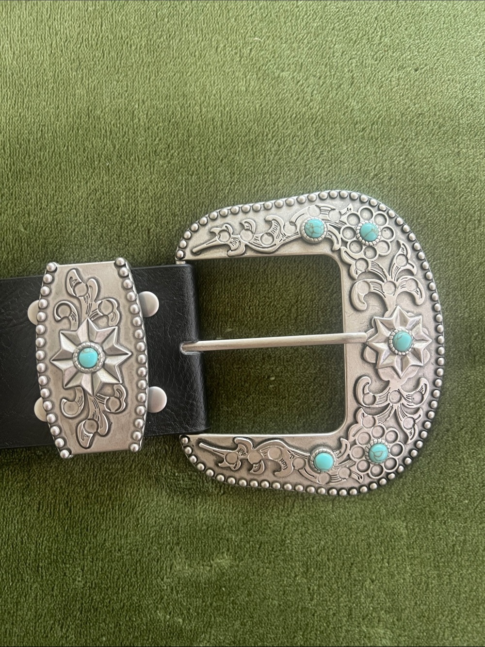 Western Turquoise Concho Belt with Ornate Silver Buckle